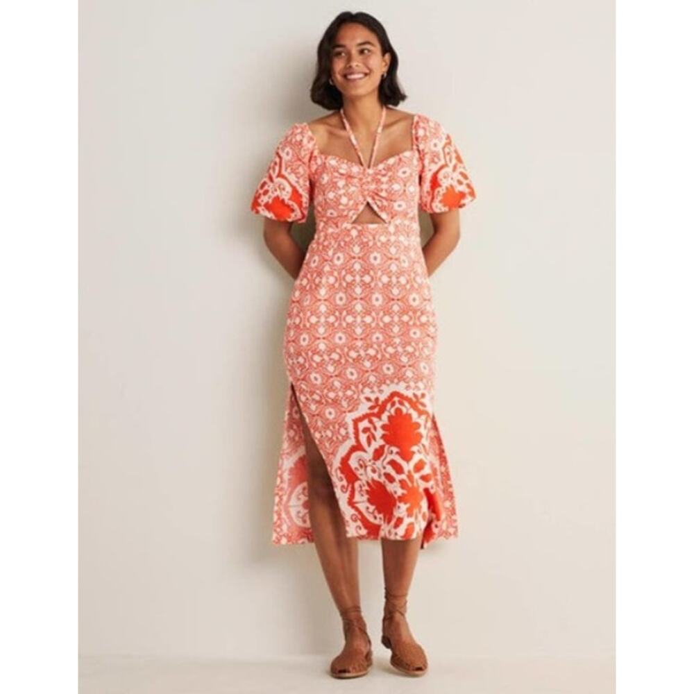 Boden Linen Halter Neck Cutout Column Dress Orange White Bloomsbury Size US 8